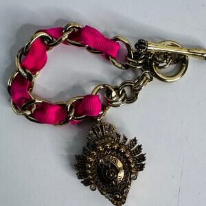 Y2K Juicy Couture Gold Tone Link With Charm Pink Lace Bracelet Heart